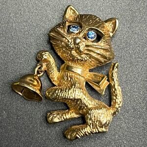 Vintage Cat Whimsical Kitty Bell Brooch Pin Gold Tone Blue Rhinestone Eyes AVON